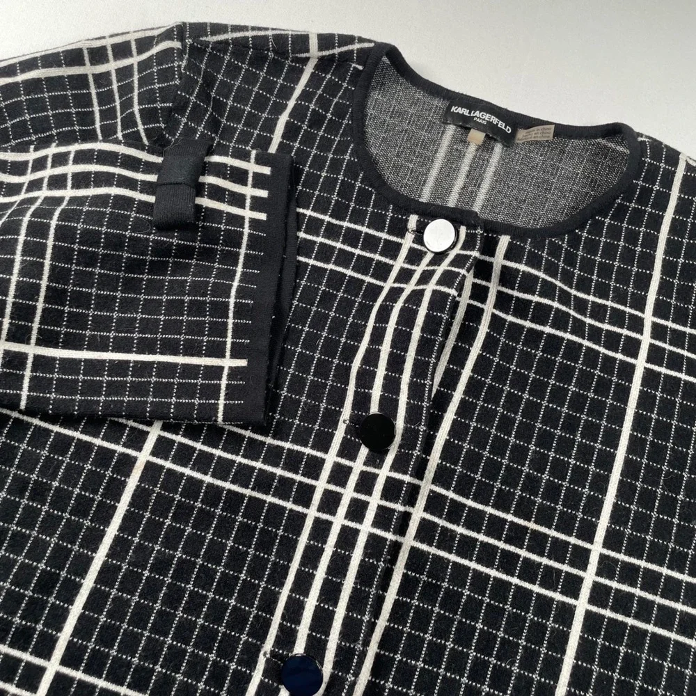 Karl Lagerfeld Paris Womens Black White Grid Longline Plaid Cardigan Size XL